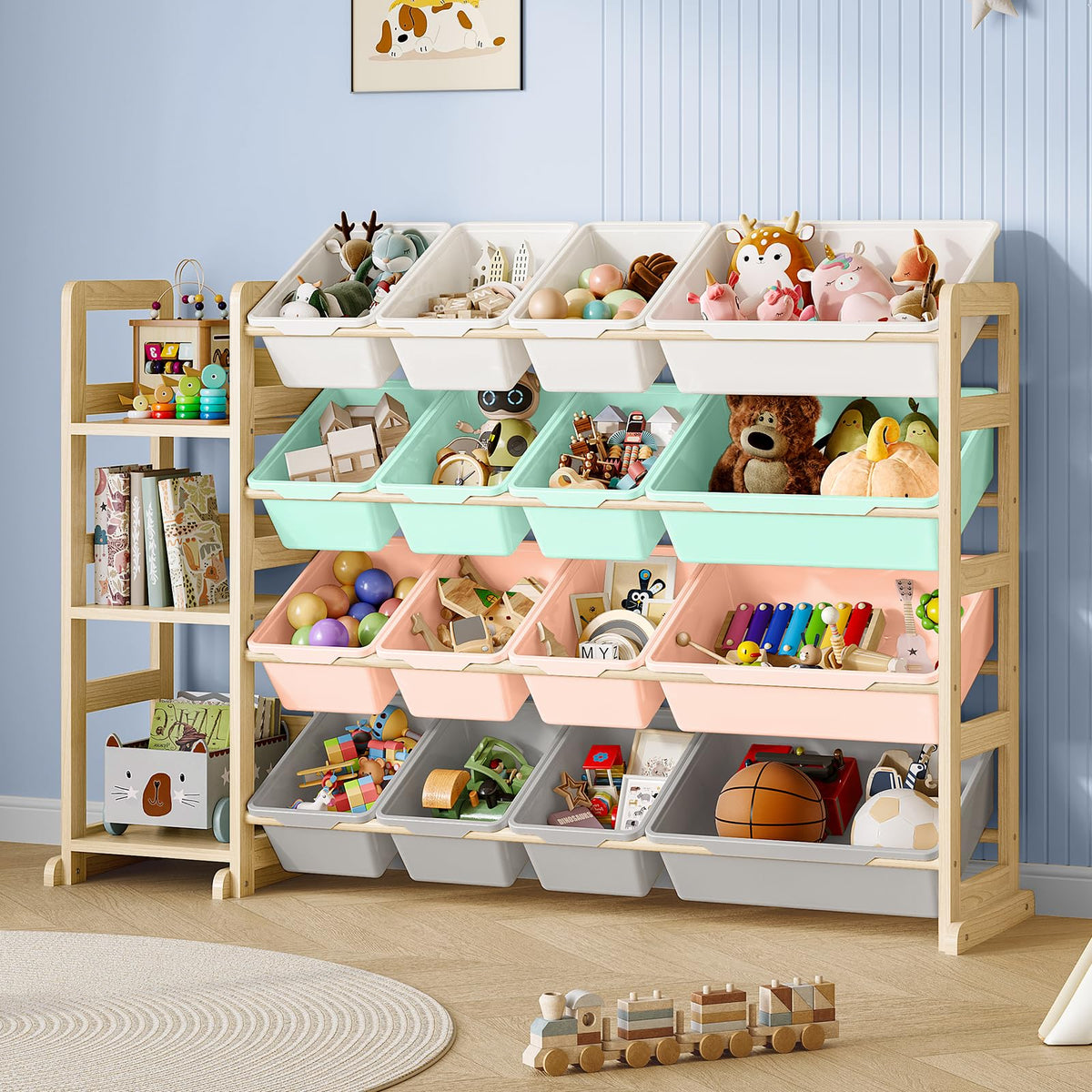Toy Storage Organizer - Toy Organizers and Storage with Bookshelf, Toy Storage Shelf with 3 Shelves and 12 Storage Bins, Kids Bookshelf and Toy Storage for Kids Room, Playroom, Bedroom, Nursery, White