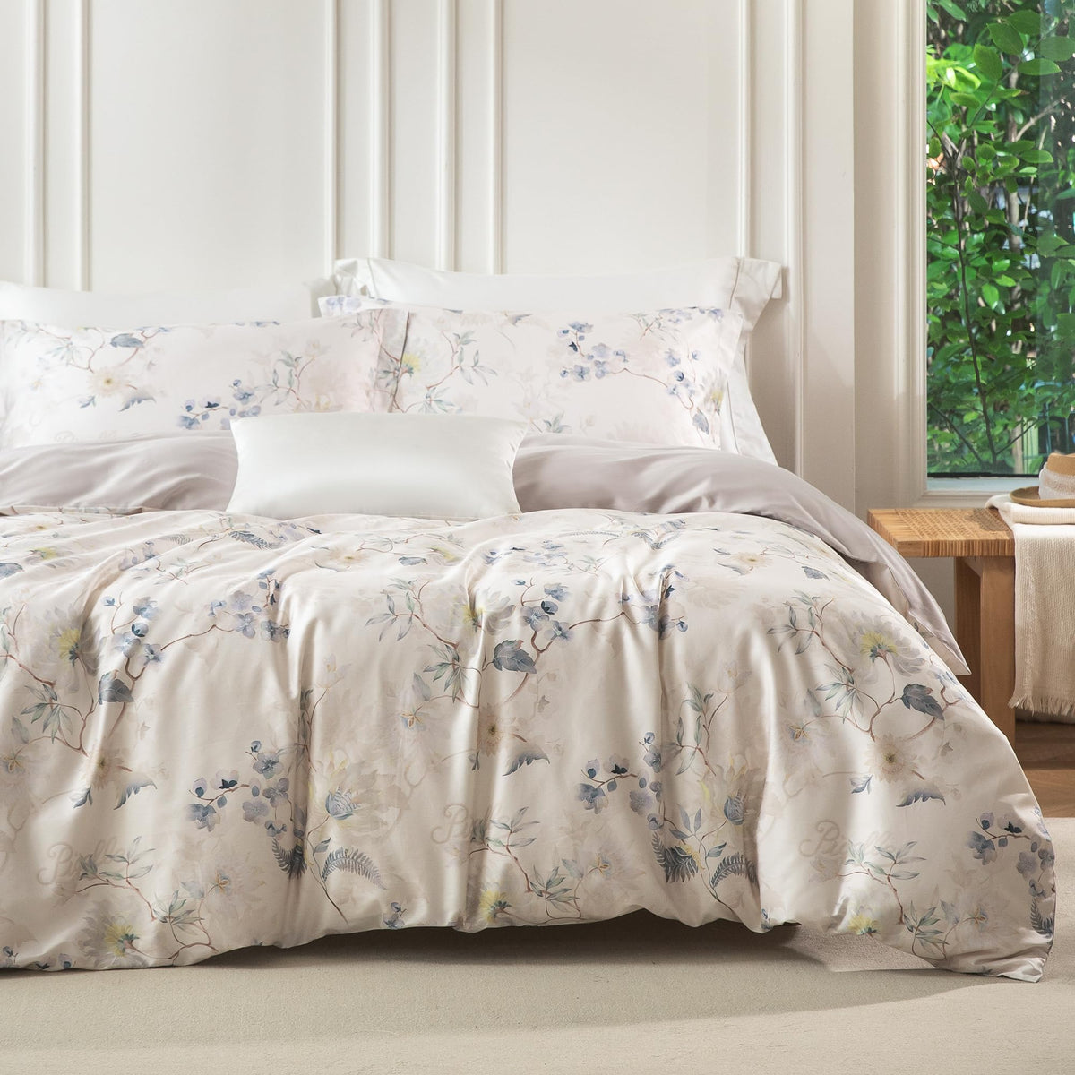 MILDLY White Floral Green Leaves Luxury Duvet Cover Set 3pcs King