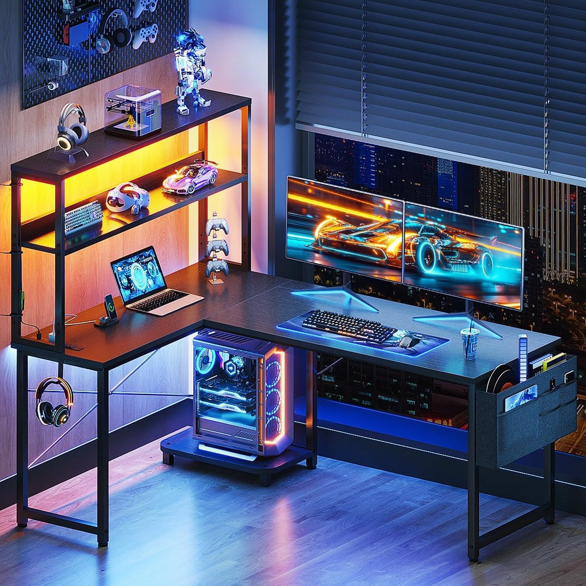 Casaottima L Shaped Gaming Desk with Hutch & Power Outlet & LED Lights