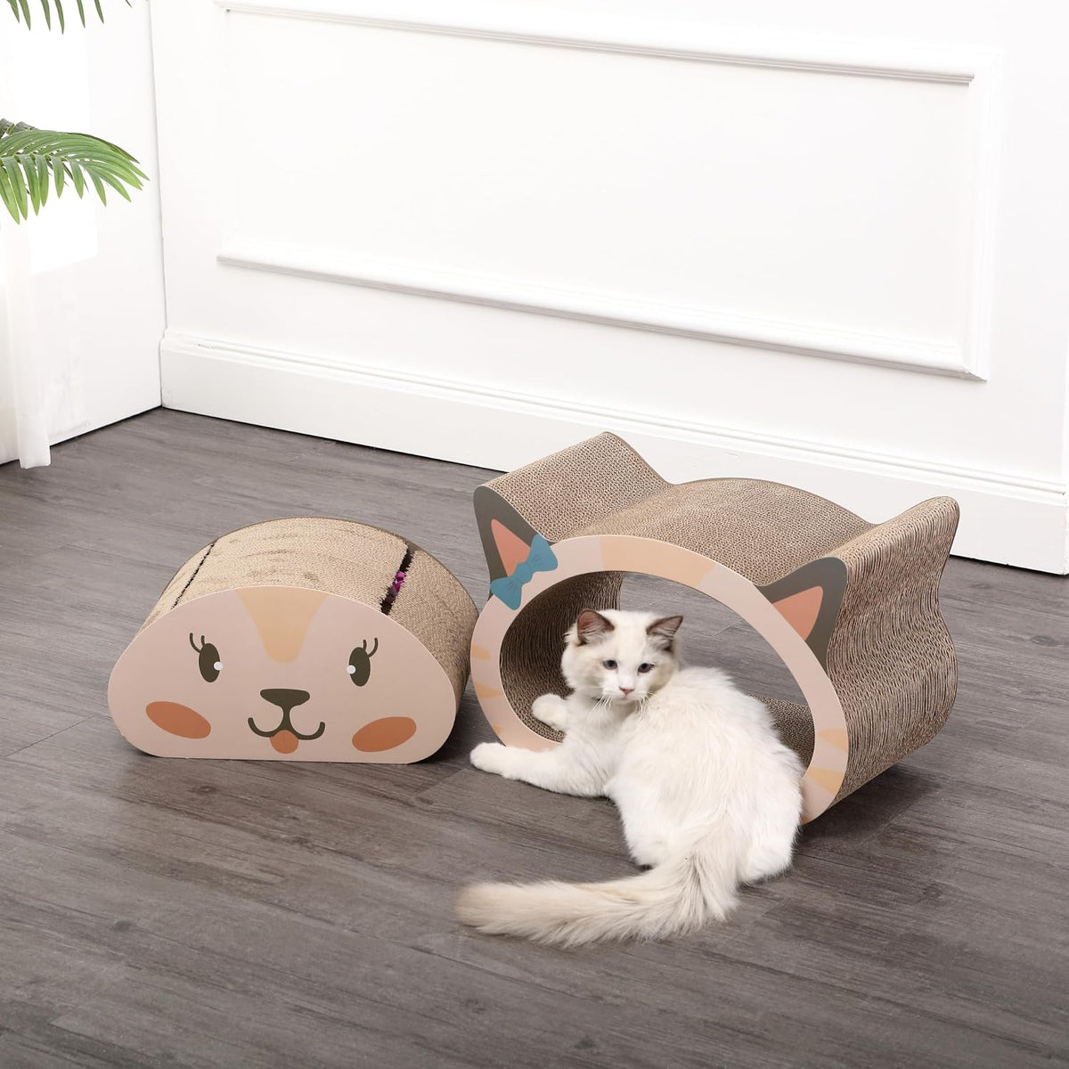 CSR1000B Opal 19" Modern Cardboard Happy Cat Head 2-in-1 Cat Cave Scratcher with Built-in Bell Toys and Catnip, Cream/Peach