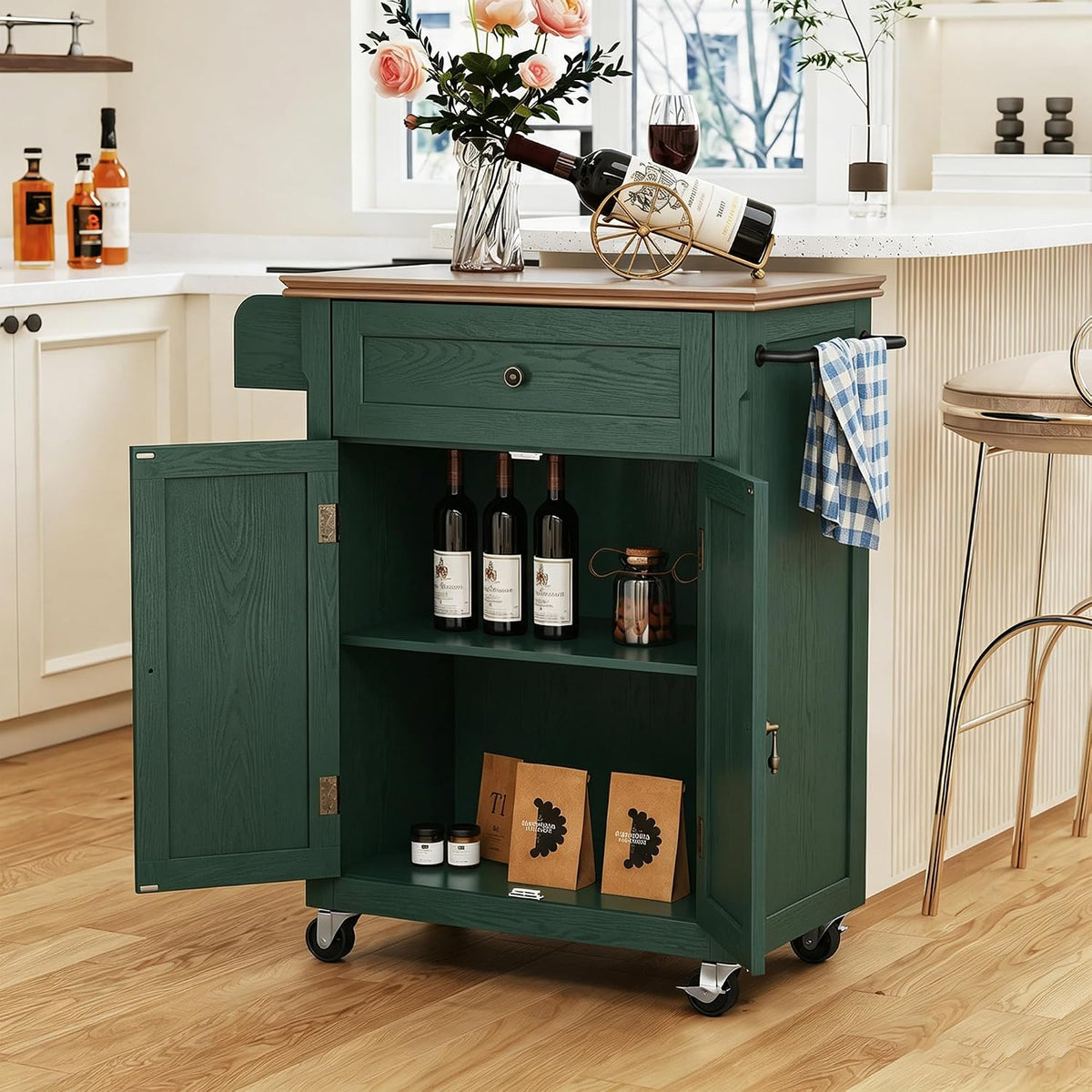 HLR 26'' Small Kitchen Island, Vintage Wood Kitchen Cart on Wheels, Green