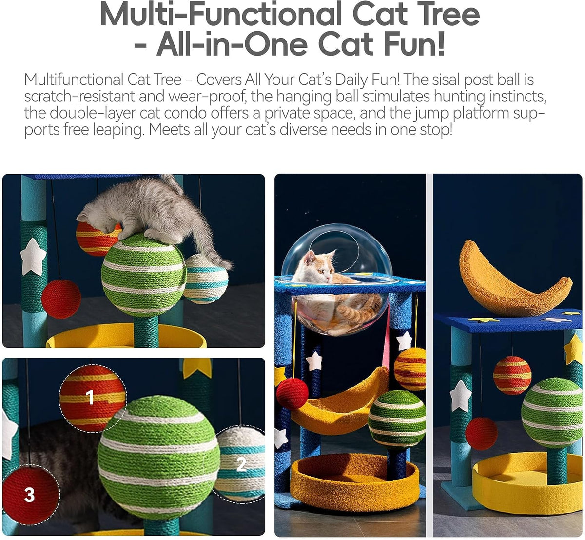 35" Starry Sky Cat Tree Tower, Multi-Layer Bed & House with Space Capsule