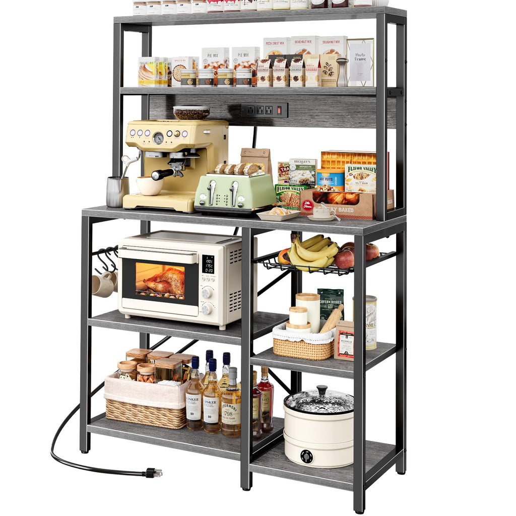 SUPERJARE Bakers Rack with Power Outlet, 35.4 Inches Coffee Bar with Basket