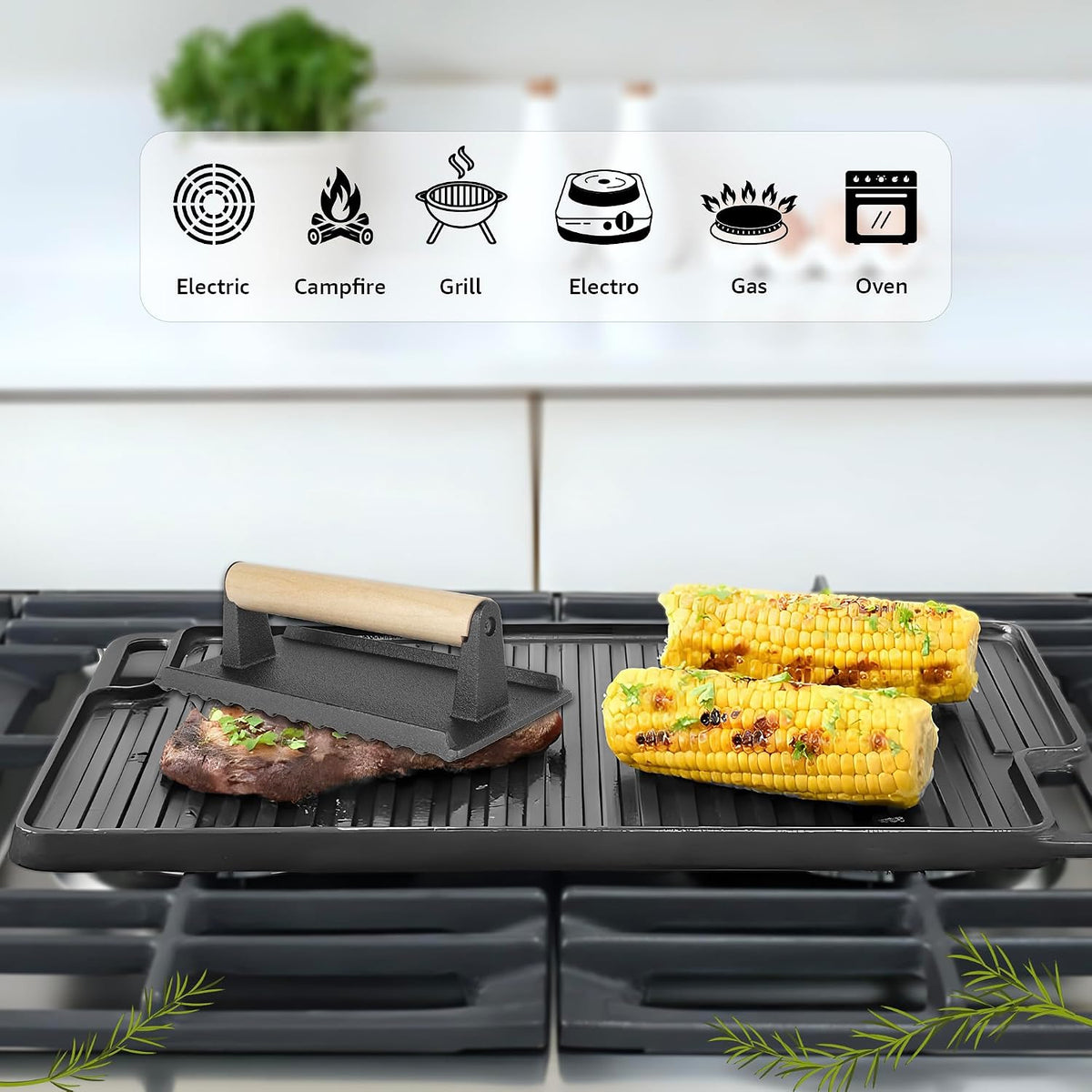 HeroFiber Cast Iron Reversible Grill/Griddle Set with Press, Scraper & Mitts - Pre-Seasoned, Non-Stick - 16.75"" x 9.5"" - Gas Stove, Grill, Camping, Outdoors, Black, OG7-18