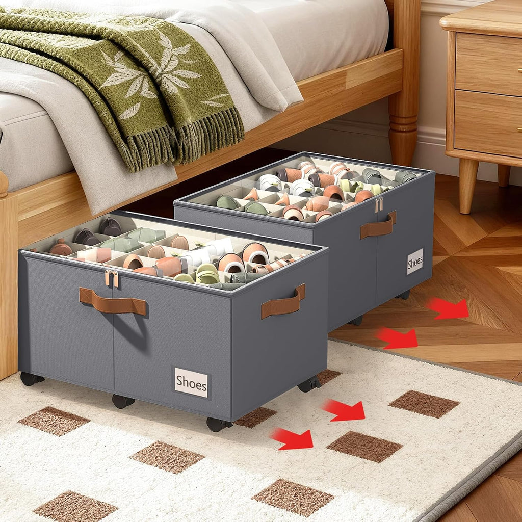 Foyego 2 Pack Shoe Organizer for Closet, Shoe Storage with Wheels, Gray