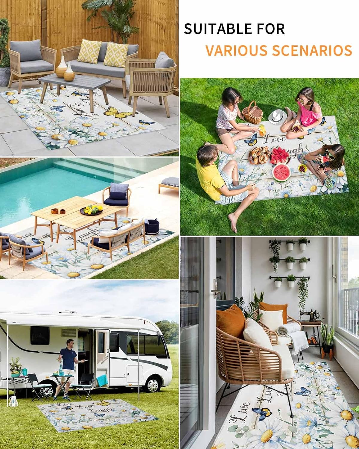 Summer Daisy Butterfly Outdoor Rug 5x8ft, Waterproof Indoor Outdoor Rug for Patio, Farmhouse Flowers Wooden Camping Carpet Mat Outside Area Rug for RV Picnic Beach Balcony Deck Backyard