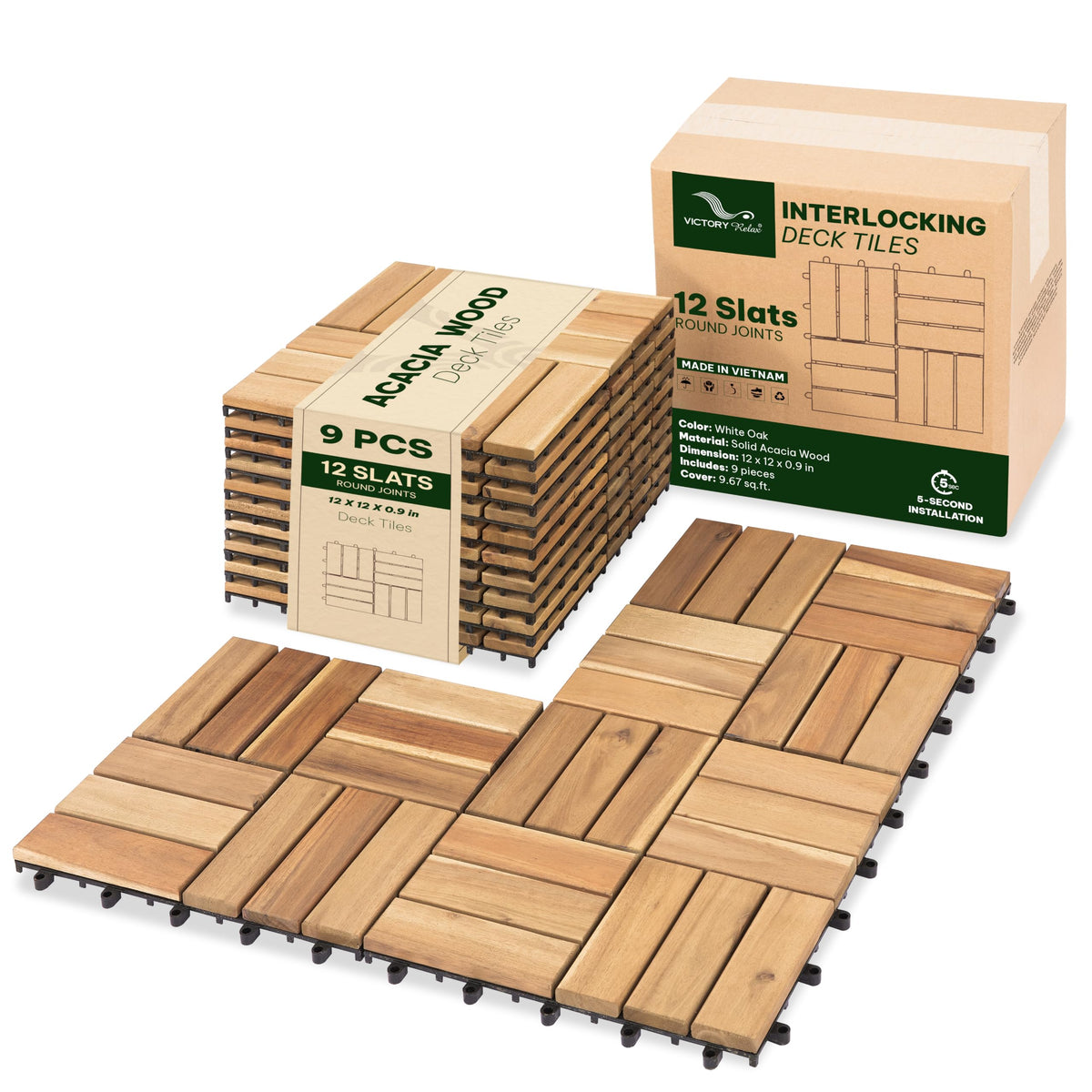 Acacia Interlocking Deck Tiles, 27 PCS Wood Flooring, 12 Slats, Walnut
