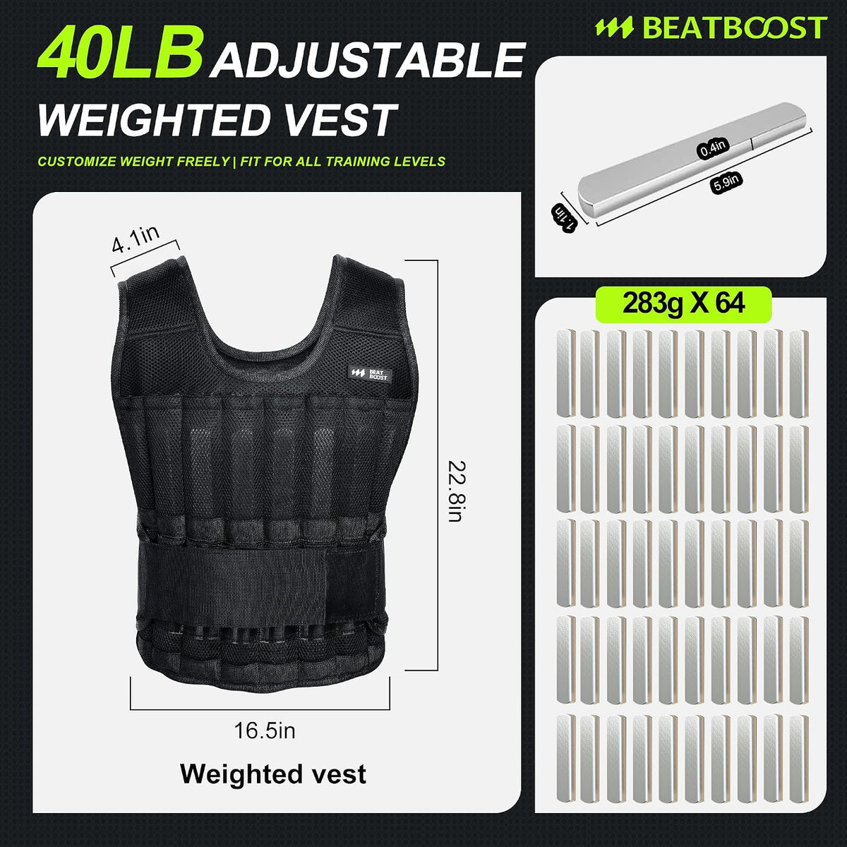 BeatBoost Weighted Vest Men 20lb/30lb/40lb/50lb/60lb Adjustable Weight Vest with Steel Plates Weight for Running Workout