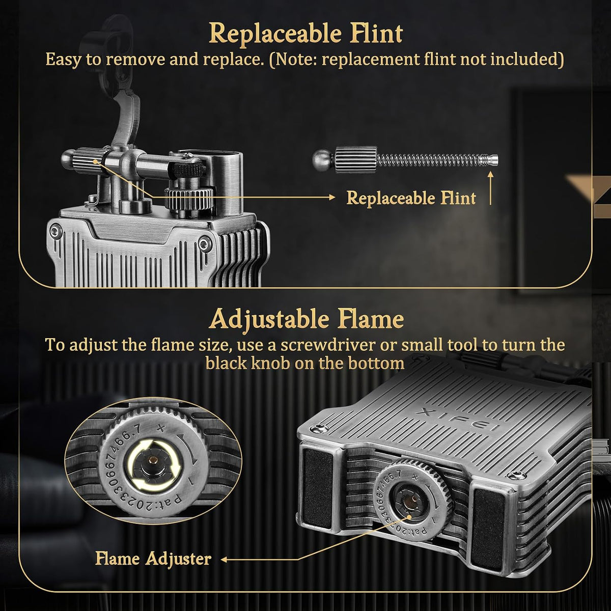 XIFEI Classic Flint-Wheel Cigar Lighter, Adjustable Dual Jet Flame