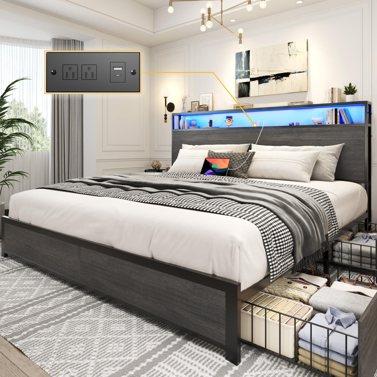 Lifezone Queen Bed Frame with 2-Tier Storage Headboard, Metal Platform Bed Frame with 4 Storage Drawers, Built in Charging Station & LED, Noise-Free/Metal Support/No Box Spring Needed, Rustic Grey