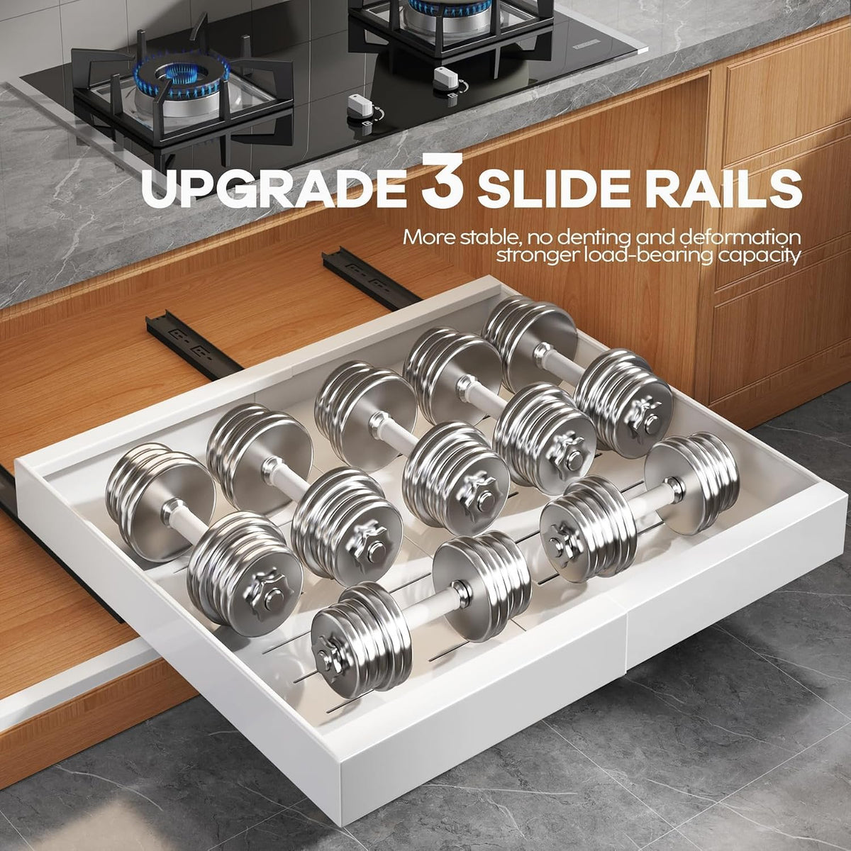 Seinloes 2 Pack Pull Out Cabinet Organizer for Wide Cabinets,Expandable 15.1"-26.3" Width,21" Deep Slide Out Drawers With Raising Pad for Framed Cabinets,3 Slide Rails,No Drill Roll Out Shelves,White