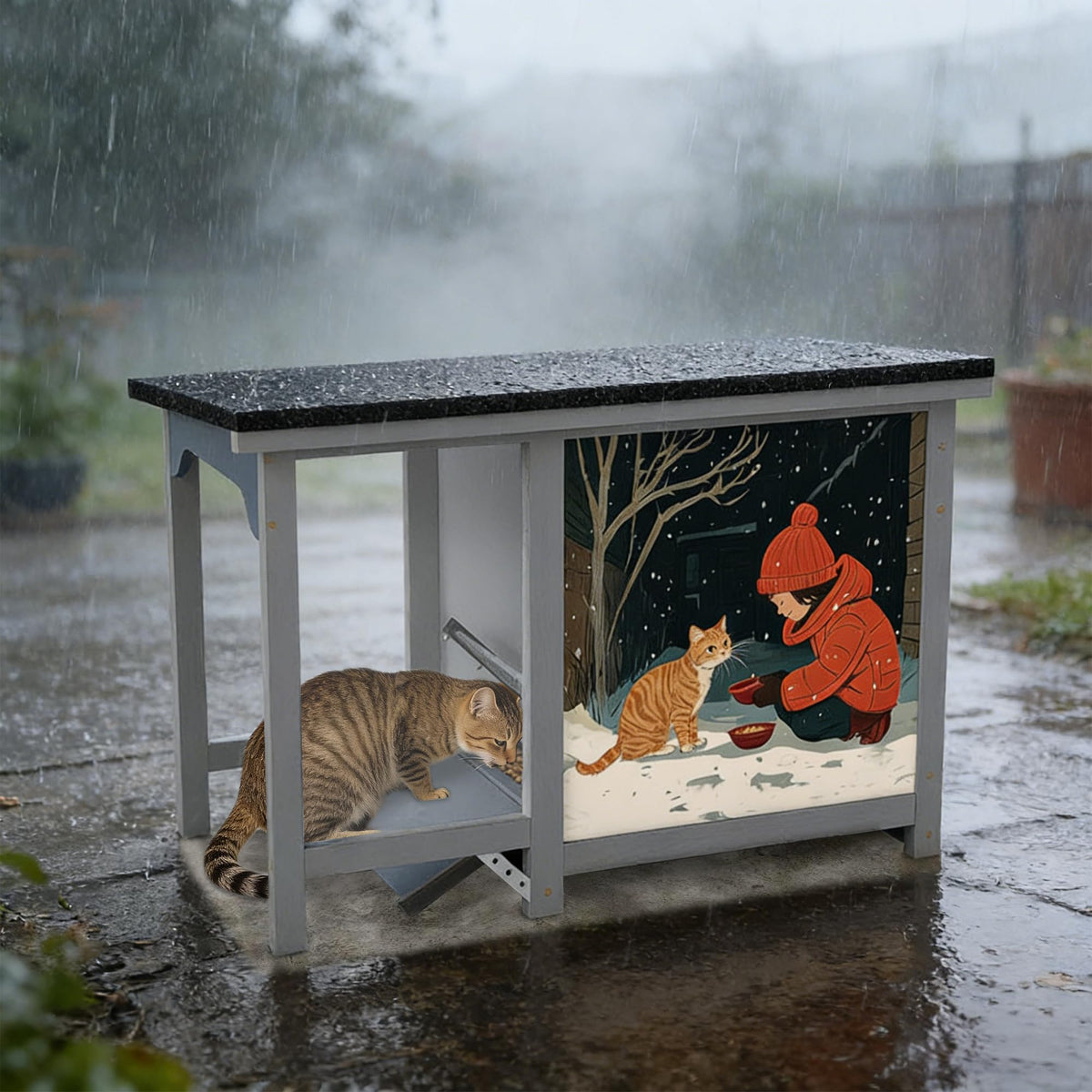 Outdoor Cat Feeder with Camera, All-Weather Smart Feeding Station with Step-On Lid, 11L Large Capacity, Asphalt Roof, Built-in Water Bottle & Night Vision for Stray Cats (Grey)