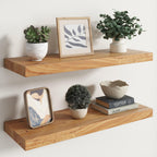 Live Edge Elm Floating Shelves - 24 In Rustic Solid Wood Shelves with Heavy-Duty Invisible Bracket, Wall-Mounted Wooden Shelf for Living Room, Bathroom, Kitchen Storage & Display, Set of 2, Natural