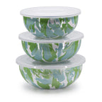 Golden Rabbit Enamelware Nested Mixing Bowls with Lids, Set of 3, Solid White Textured