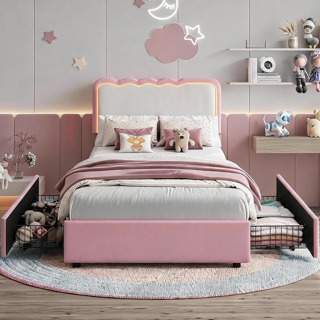 IDEALHOUSE Twin LED Bed, 2 Drawer Trundle, Pink Wave Headboard
