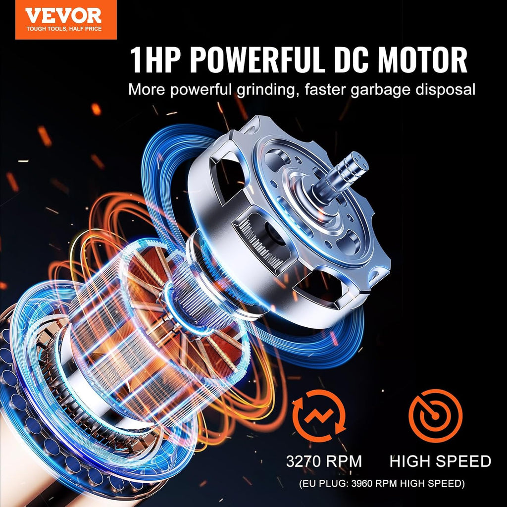 VEVOR Garbage Disposal, 1HP 3270RPM DC Motor, Continuous Feed Food Waste Sink Disposer, EZ Connect Food Waste Grinding System with Sound Reduction, Power Cord and Splash Guard, for Kitchen