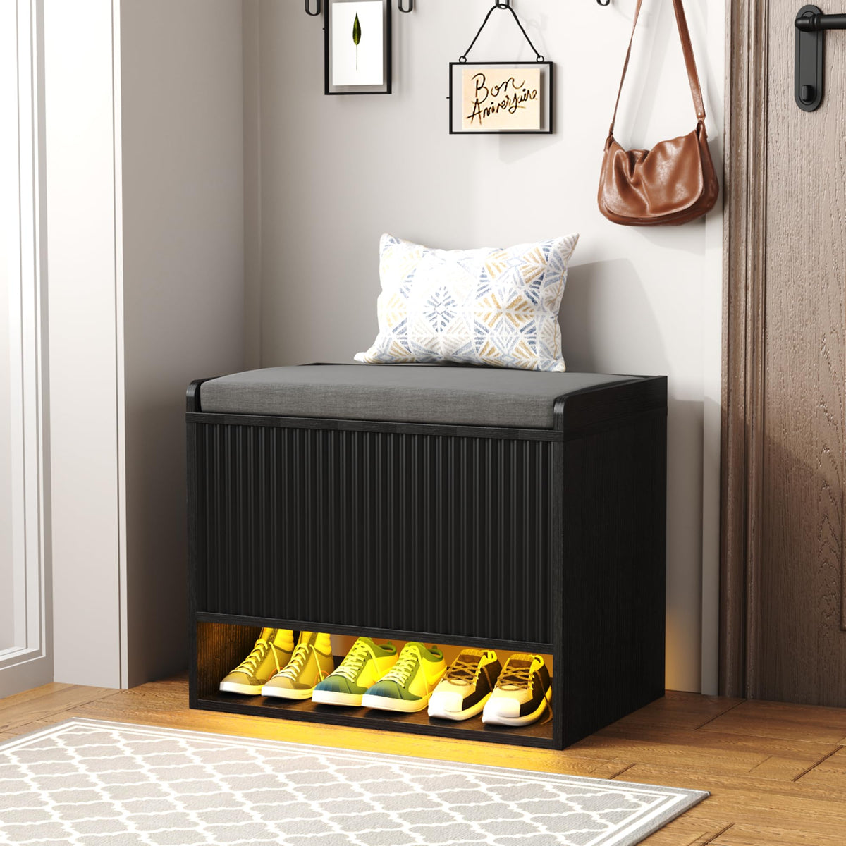 HOMEFORT 39.4" Fluted Shoe Storage Bench, Entryway Bench with Linen Seat Cushion, Shoe Cabinet Bench with Adjustable Shelf and Built-in LED Sensor Light, Bench for Bedroom End of Bed, Natural Oak