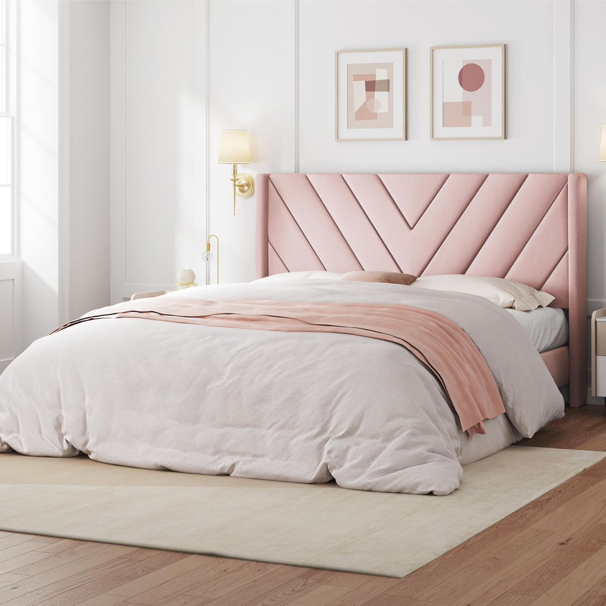 Yaheetech Queen Bed Frame with Chevron Channel-Tufted Headboard, Beige