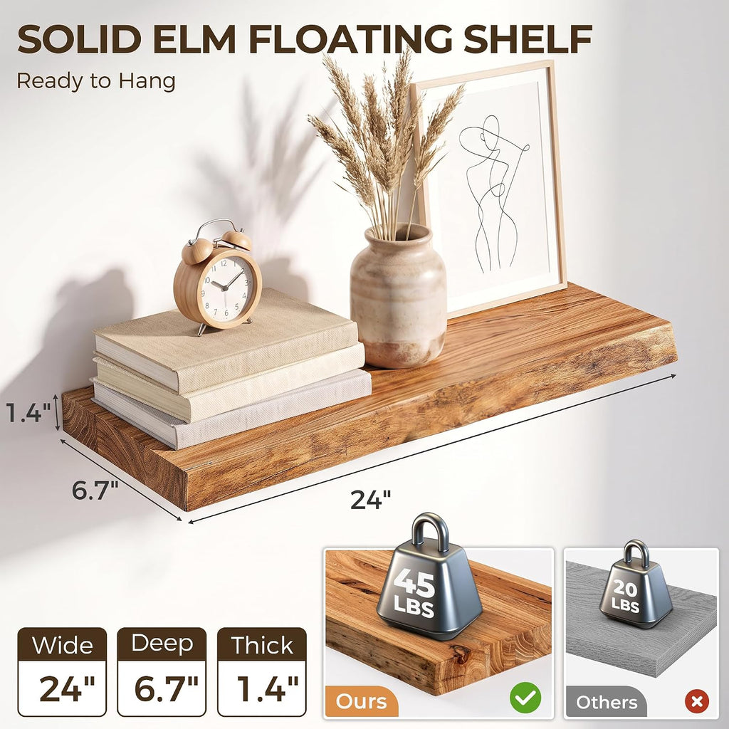 Live Edge Elm Floating Shelves - 24 In Rustic Solid Wood Shelves with Heavy-Duty Invisible Bracket, Wall-Mounted Wooden Shelf for Living Room, Bathroom, Kitchen Storage & Display, Set of 2, Natural