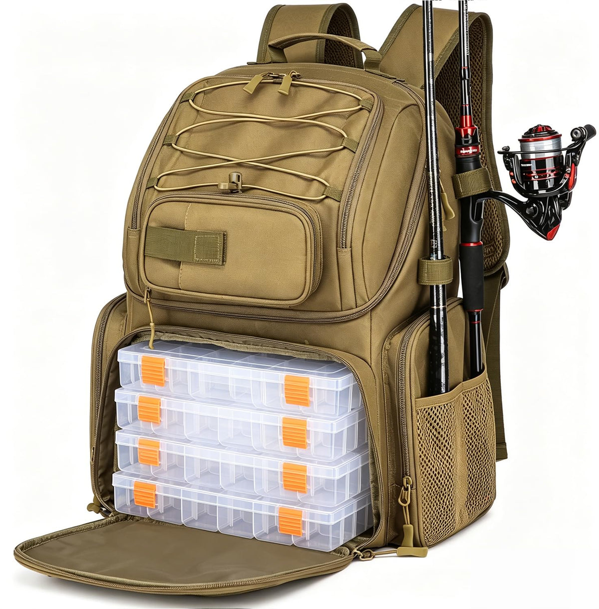 HAMBOLY 50L Fishing Backpack with Tackle Boxes, Cooler & Rod Holders