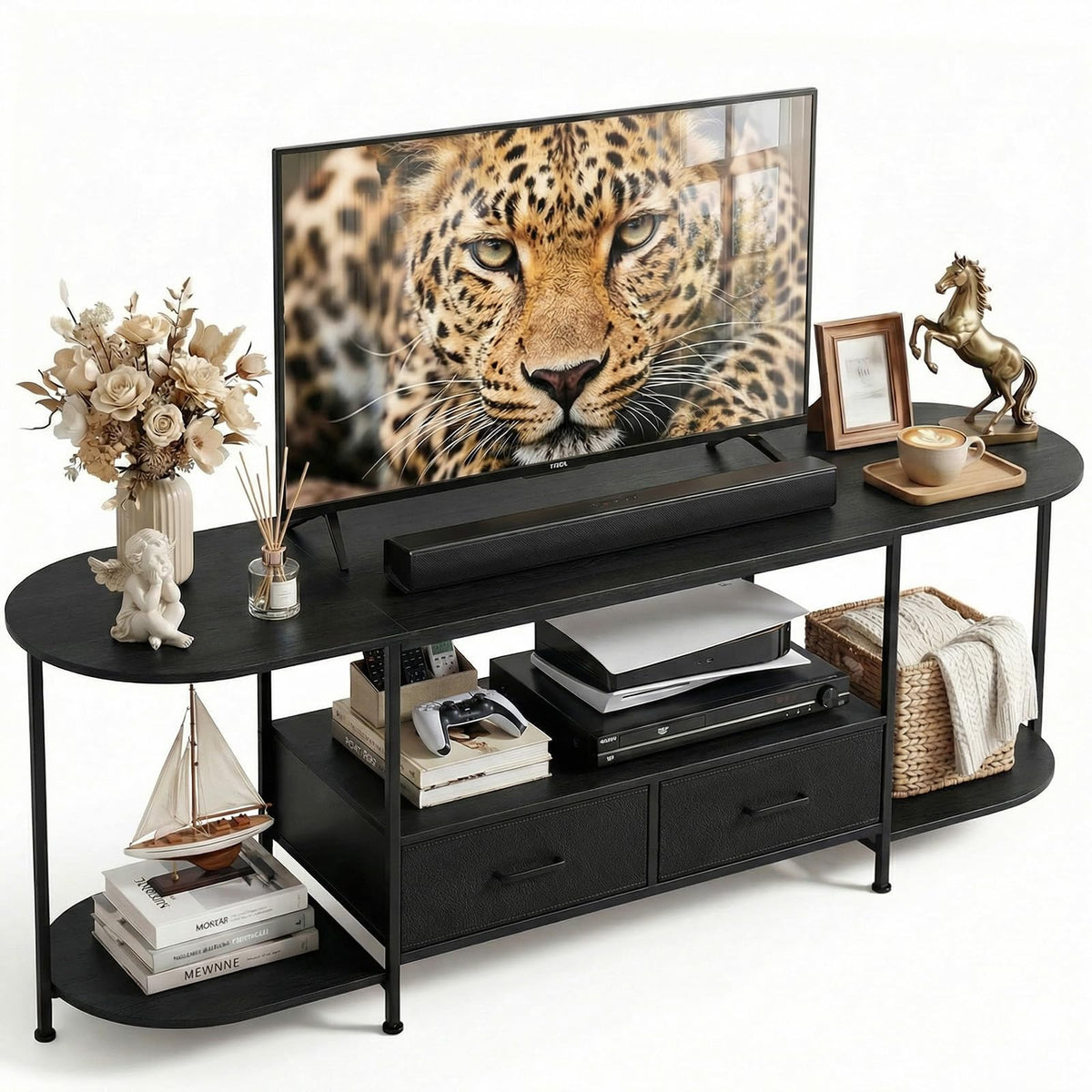 Faesun 63" TV Stand for TVs up to 75 Inches, Curved Edge Media Console & Entertainment Center with 2 Fabric Drawers, Modern TV Console Table for Living Room or Bedroom, Rustic Brown