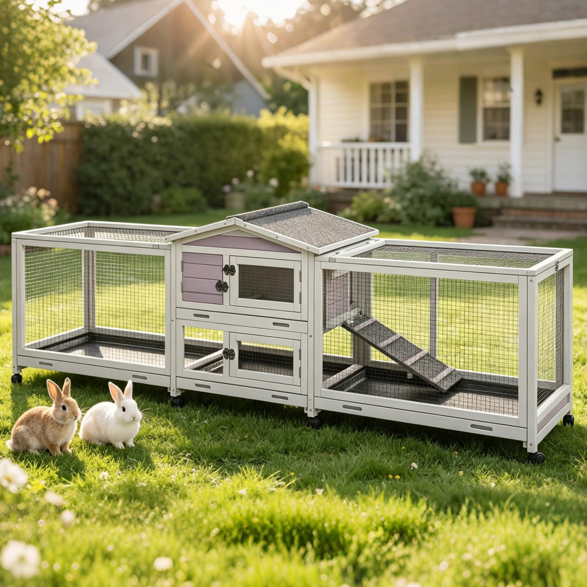 GUTINNEEN Rabbit Hutch with Chew-Resistant Ramp Indoor Bunny Cage Outdoor Guinea Pig Cage with Wheels and Leakproof Tray