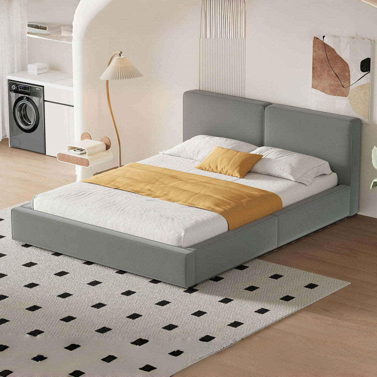 Grounded Bed Upholstered Platform Bed with Unique Design Thick Fabric Headboard, Wood Platform Bed Frame for Kids Adults Bedroom Furniture, Upholstered Floor Bed (Beige-1, King)