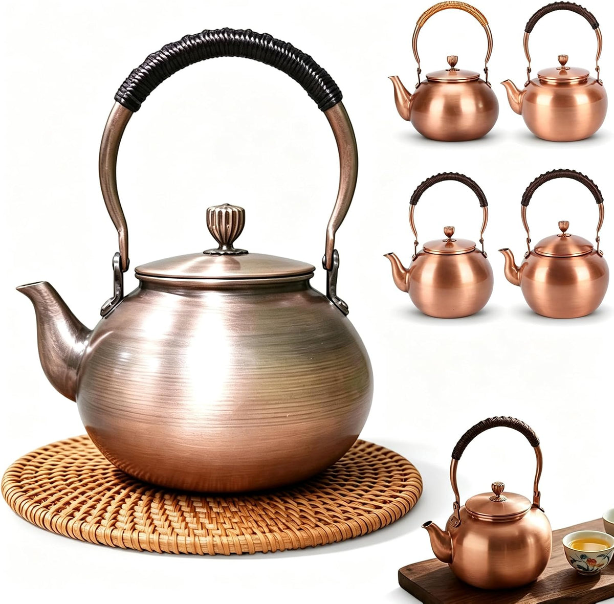 Handmade Copper Kettle 1200ML, Copper Stovetop Tea Kettle, Handmade Solid Copper Teapot with Stay-Cool Grip, Fast Boiling Gas Stove for Tea Ceremony Home Kitchen Use (1.1L-B)