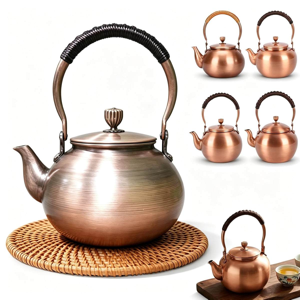 Handmade Copper Kettle 1200ML, Copper Stovetop Tea Kettle, Handmade Solid Copper Teapot with Stay-Cool Grip, Fast Boiling Gas Stove for Tea Ceremony Home Kitchen Use (1.3L-C)