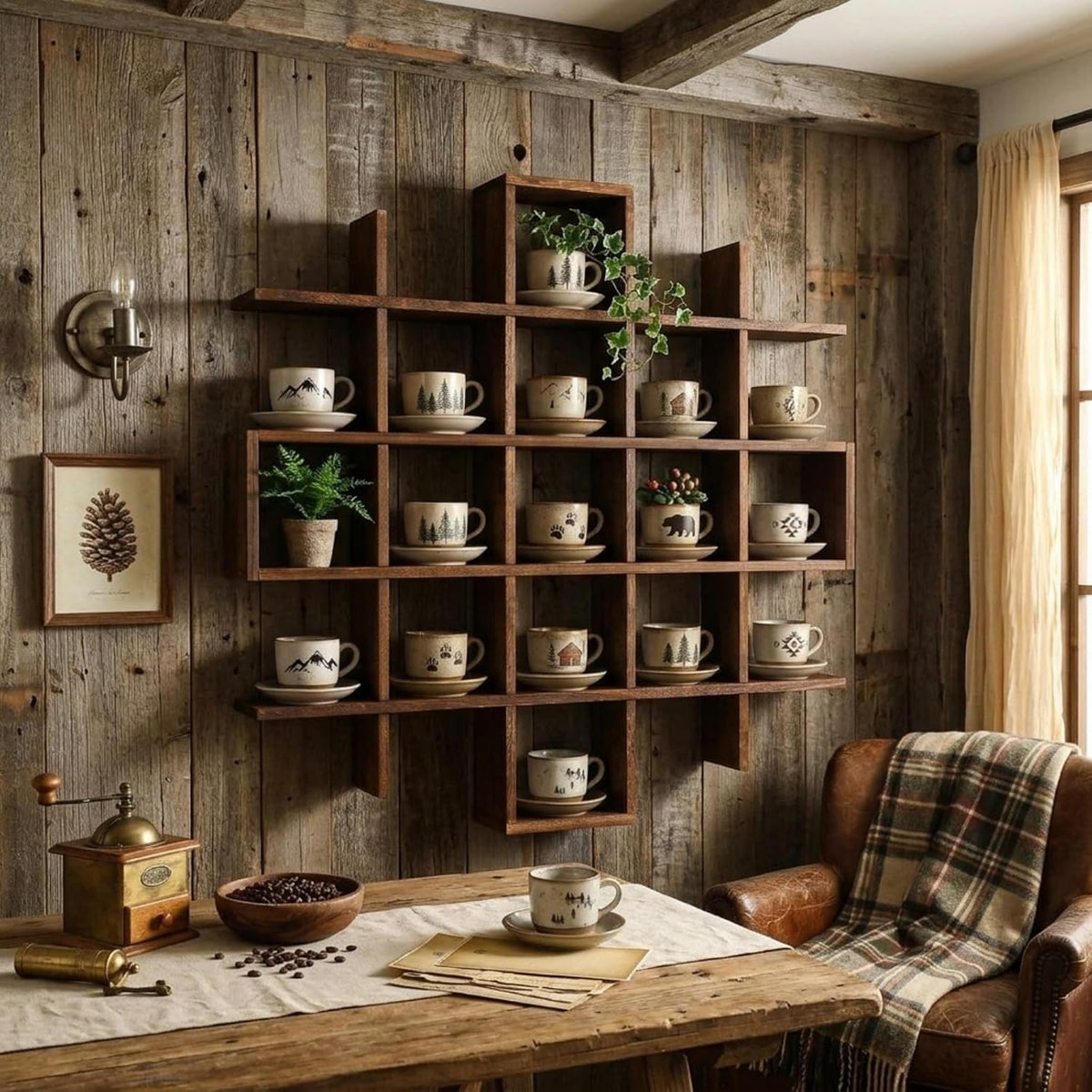 Suzile 5x5 Wall Shelf for Tea Cups Saucers, Rustic Wood Rack, Brown