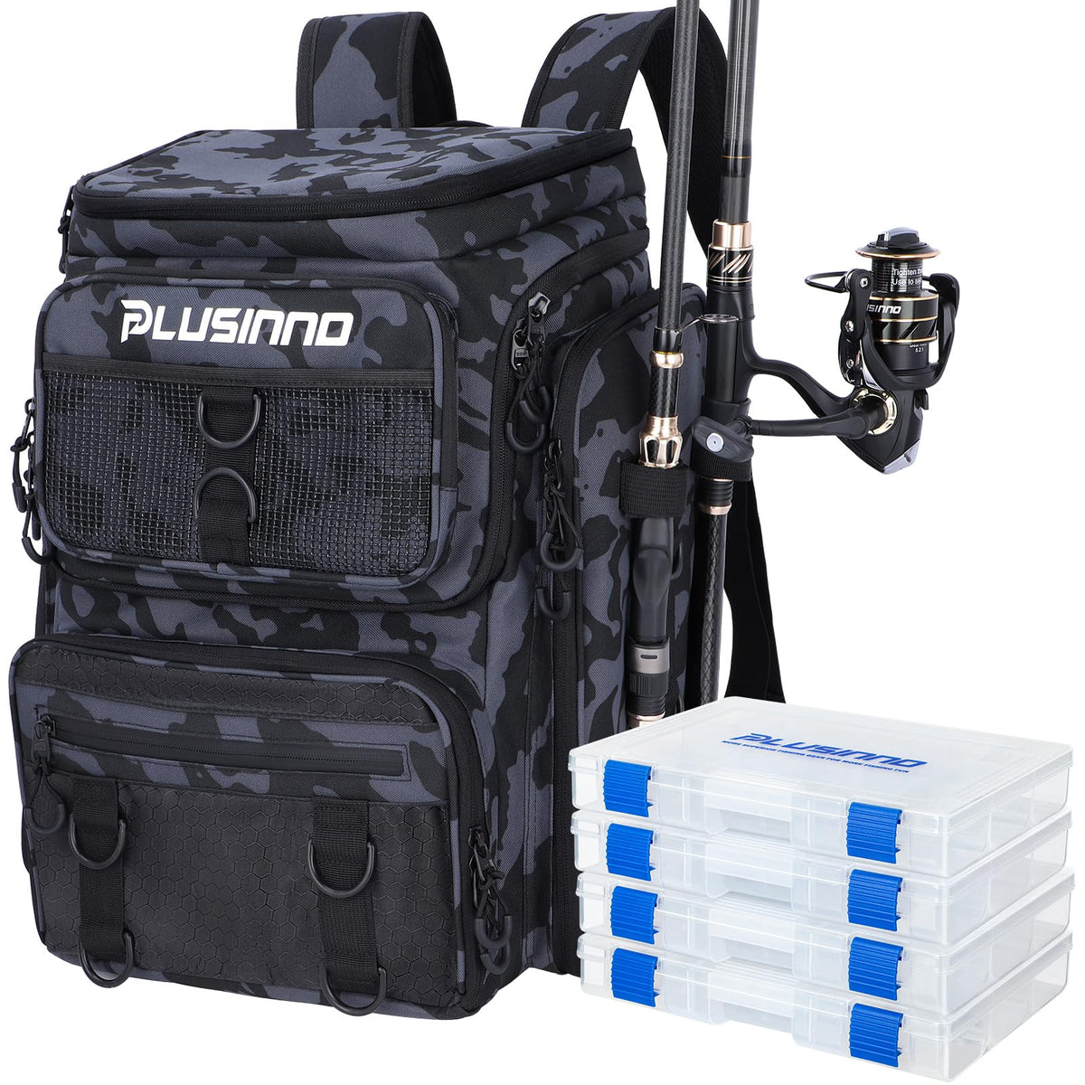 PLUSINNO Fishing Backpack with Fishing Net,42L Waterproof tackle Backpack with Tackle Boxes,Fishing Gear,Lures,Tools,Pliers & Accessories, Fishing Gifts for Men