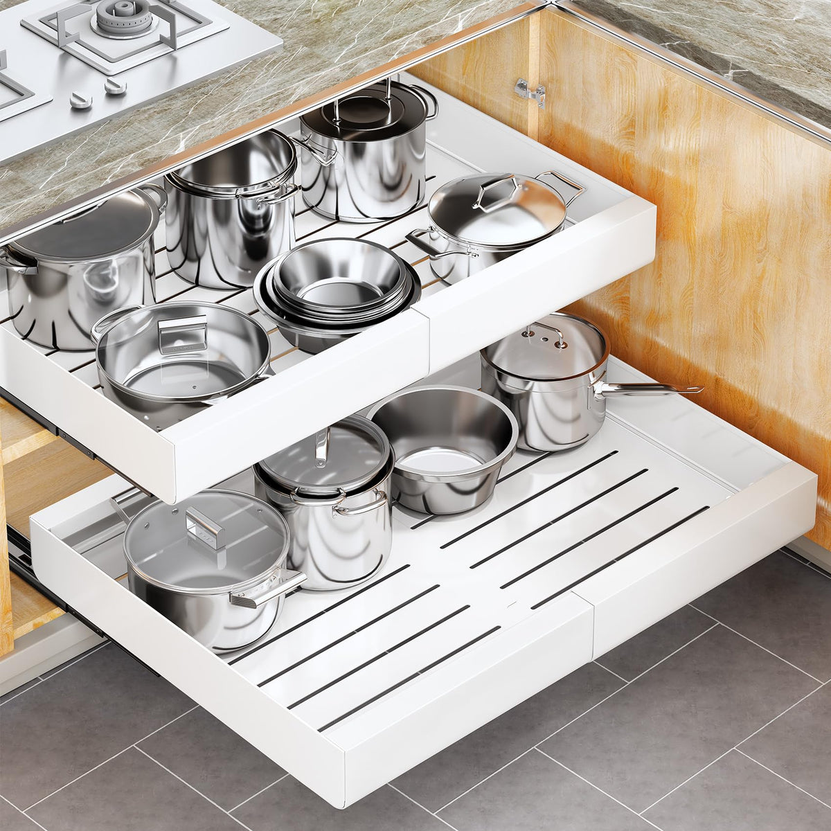 Pull out Cabinet Organizer, 2-pack, Expandable(12"-20") Heavy Duty Slide out Drawers Fixed with Adhesive Nano Film for Pots, Roll out Shelf Storage for Kitchen Base Cabinet Organization(3 Rails)