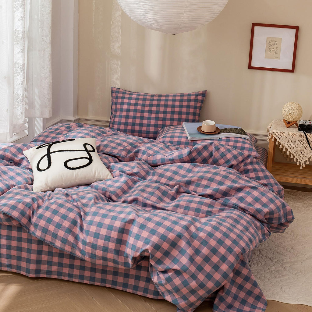 EAVD Vintage Buffalo Plaid Duvet Cover Queen Red&Black&Green Muslin Cotton