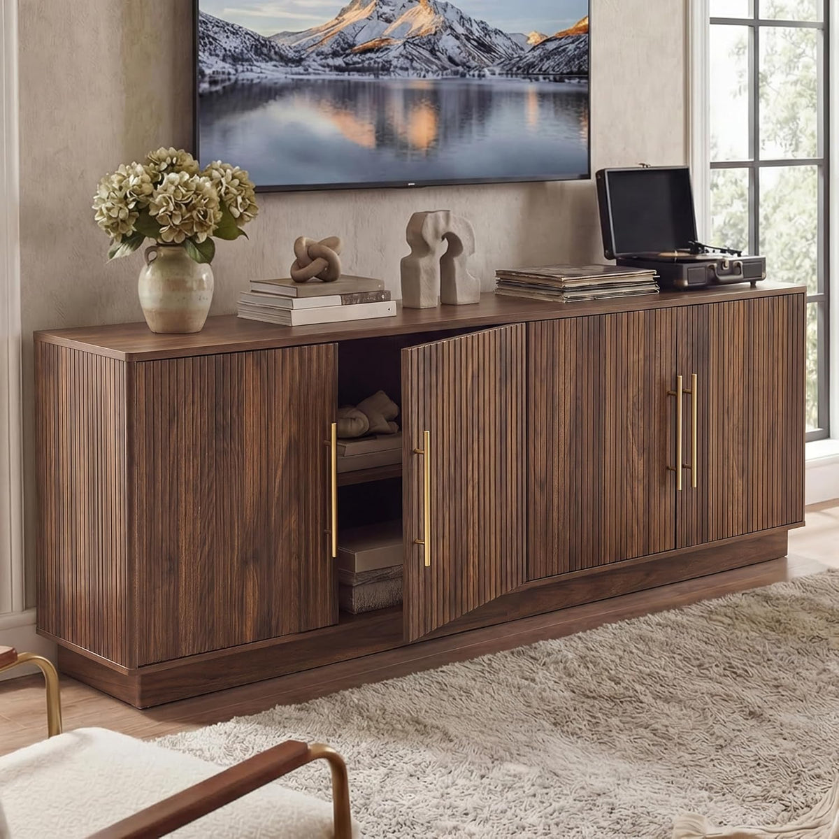 YITAHOME 70" TV Stand for up to 80" TVs with 4 Fluted Doors, Natural Oak