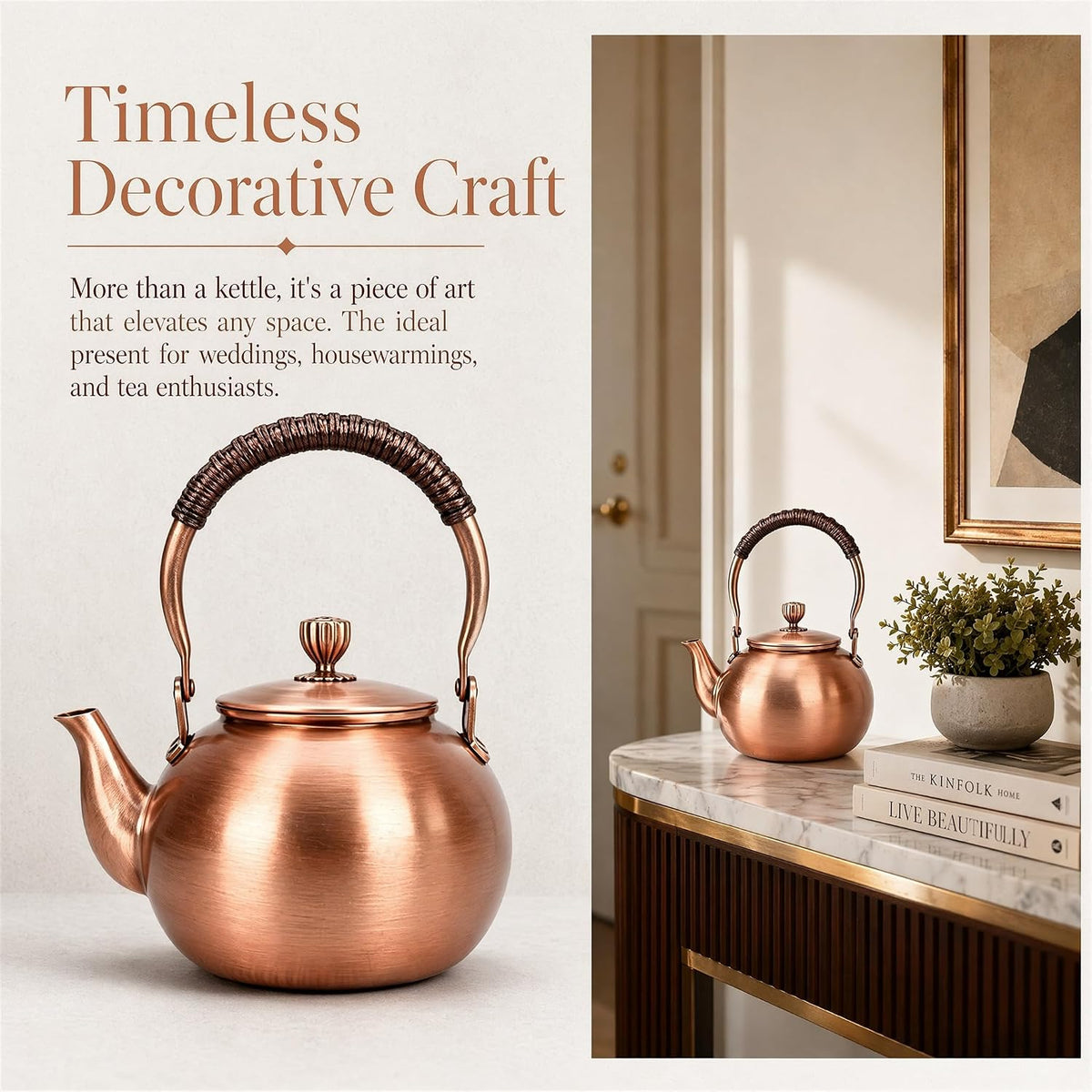 Handmade Copper Kettle 1200ML, Copper Stovetop Tea Kettle, Handmade Solid Copper Teapot with Stay-Cool Grip, Fast Boiling Gas Stove for Tea Ceremony Home Kitchen Use (1.3L-C)