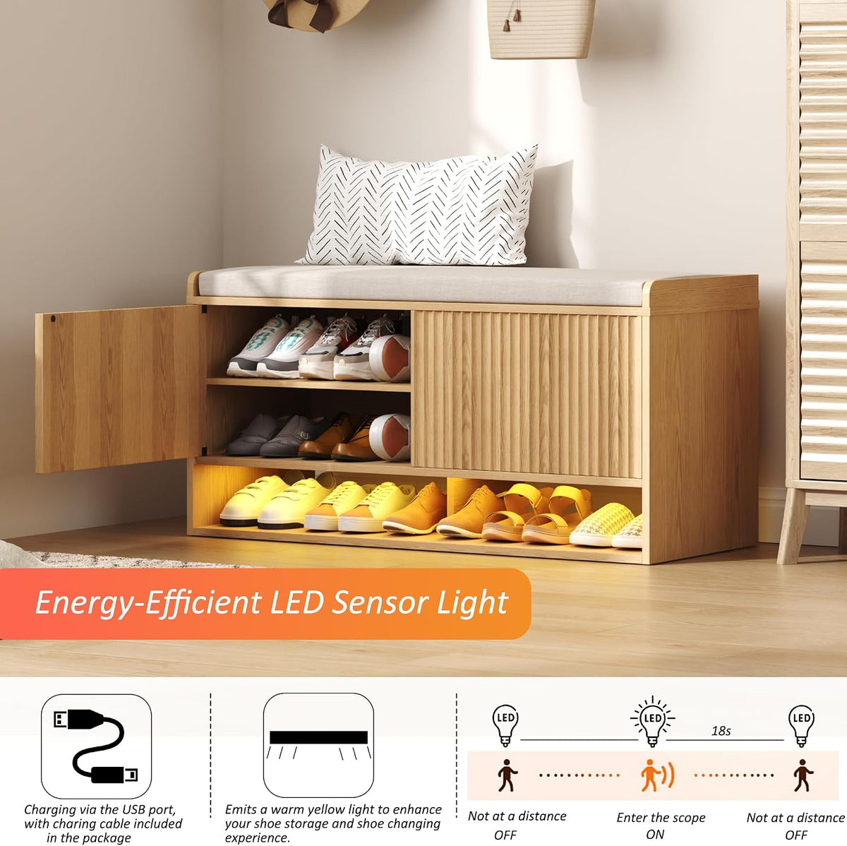 HOMEFORT 39.4" Fluted Shoe Storage Bench, Entryway Bench with Linen Seat Cushion, Shoe Cabinet Bench with Adjustable Shelf and Built-in LED Sensor Light, Bench for Bedroom End of Bed, Natural Oak