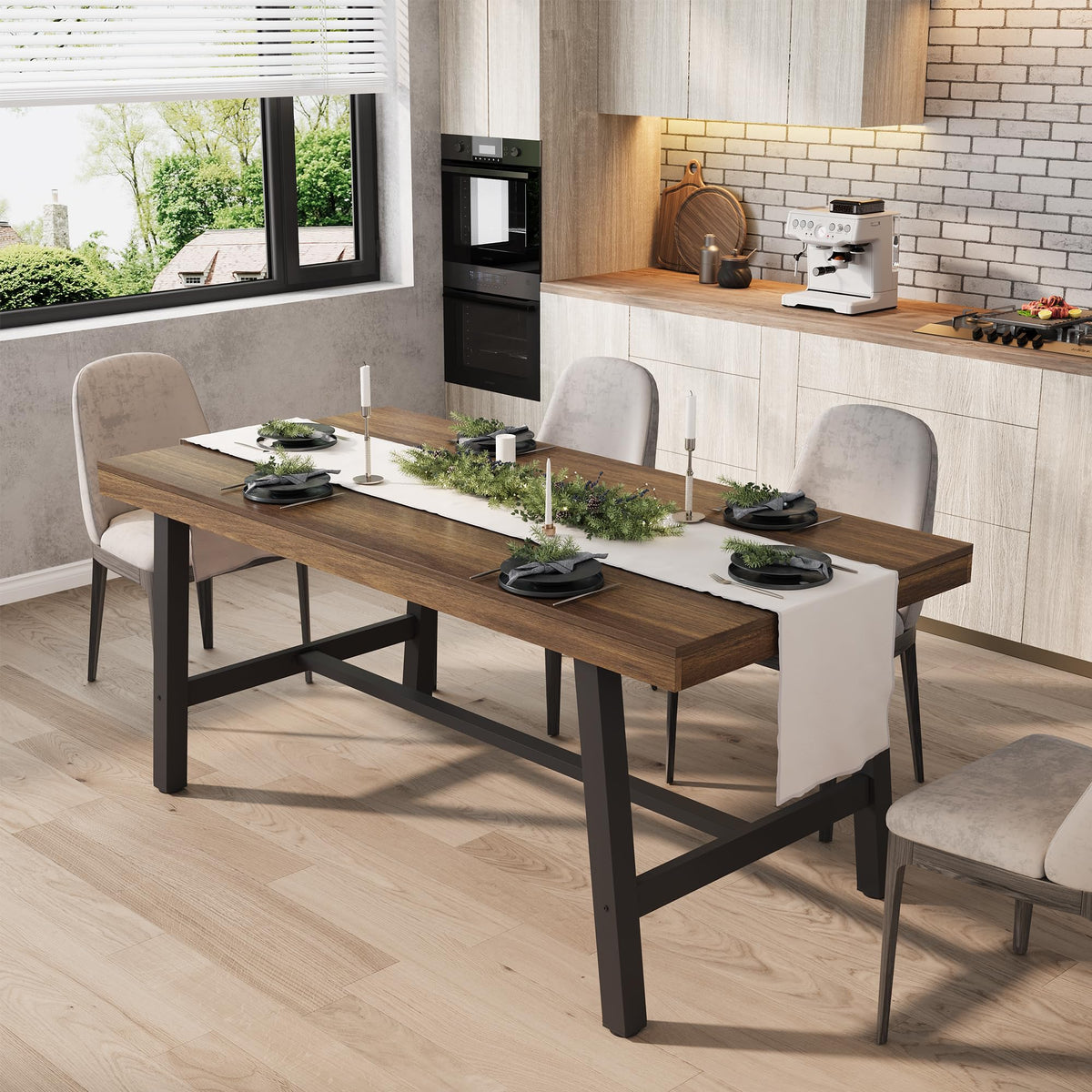 GarveeHome Industrial Dining Table for 6-8 People, 70.87" Long Large Kitchen Table with Sturdy Metal Frame, Rectangular Counter for Dinner, Kitchen, Dining Room (Grey, 71" Non-extendable)
