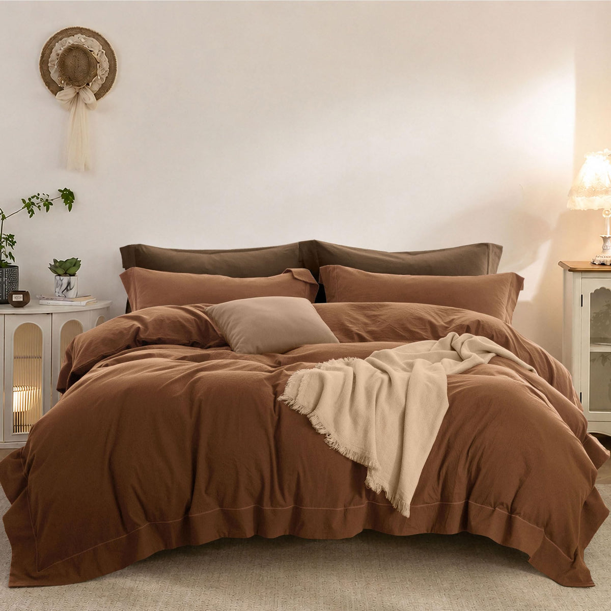 Duvet Cover Set Washed Cotton Embroidered Hem King 3‑Pcs