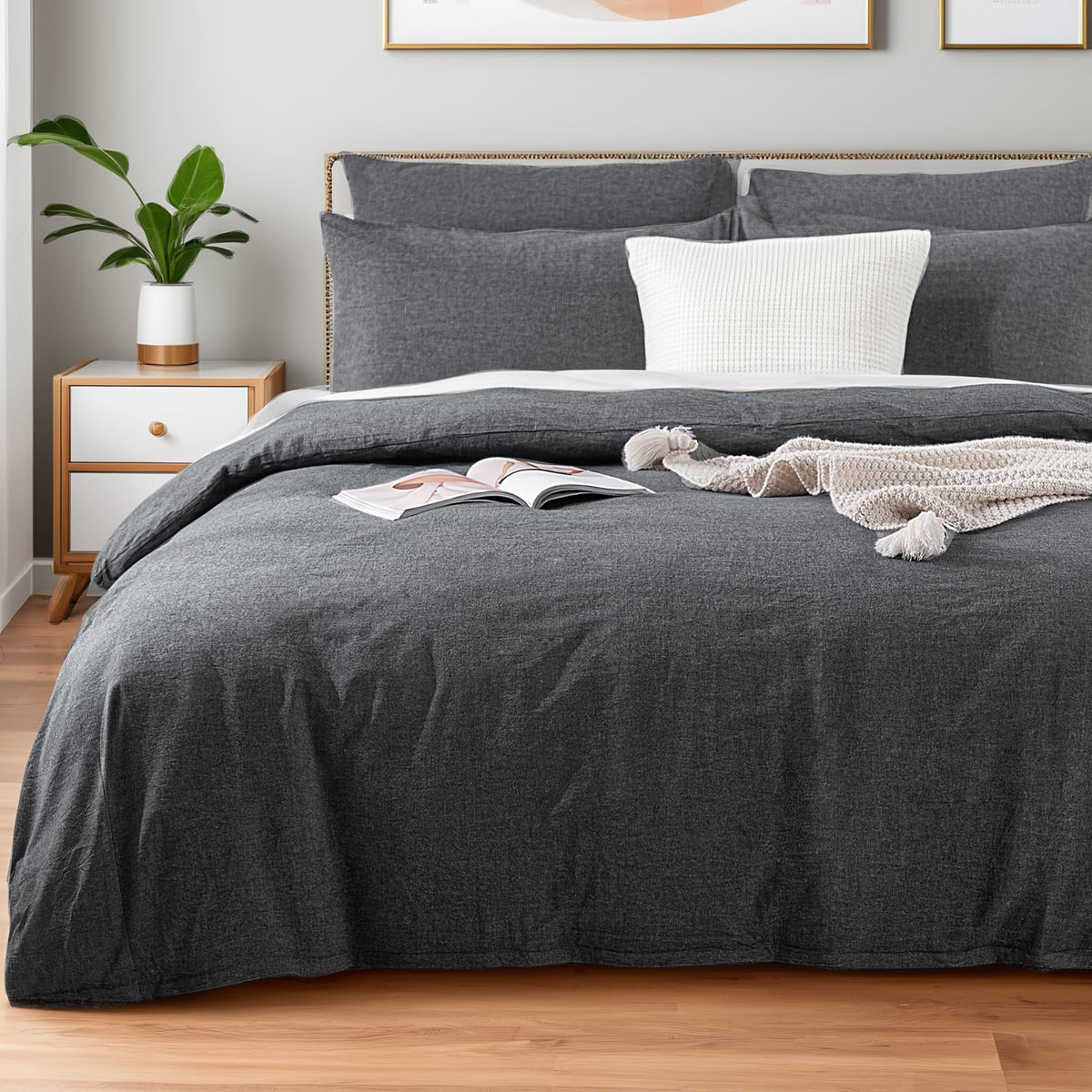 NEXHOME PRO Duvet Cover Set Queen Size Linen Look Textured 100% Washed Cotton Duvet Cover Burgundy Dark Red 3 Pieces Bedding Set with Zipper Closure,Breathable, Soft Organic Natural(No Comforter)