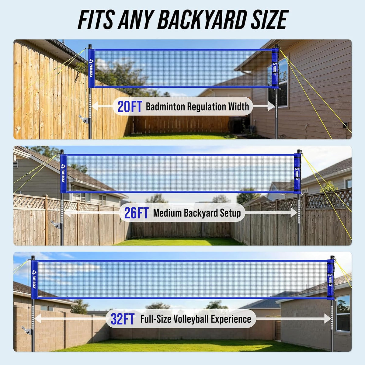 Portable Volleyball Net Set for Backyard, Adjustable Width (32/26/20FT) & Height, Anti-Sag Tension Design for Outdoor Stability, PU Volleyball with Pump, Carry Bag