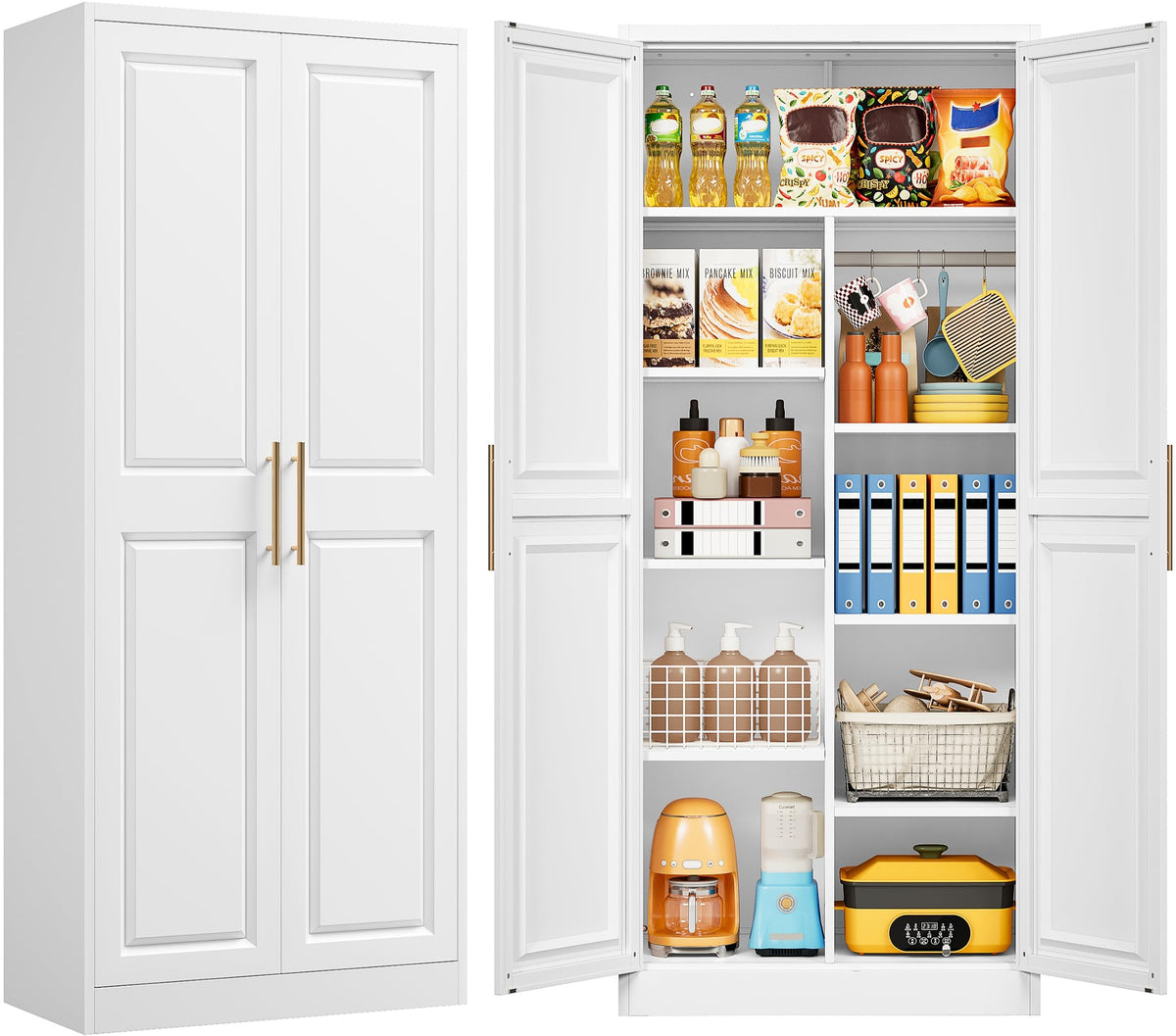 SISESOL 67" Tall Narrow Bathroom Storage Cabinet, 2 Door and 7 Shelves Slim Kitchen Pantry Cabinet, White Metal Bathroom Cabinets,Large Cupboard for Home,Kitchen,Laundry,Bathroom