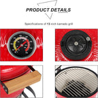 VINGLI 13" Kamado Grill Charcoal Grills Portable Barbecue Grill BBQ Kettle Stand Lid Perfect for Outdoor Camping Patio Backyard Picnic