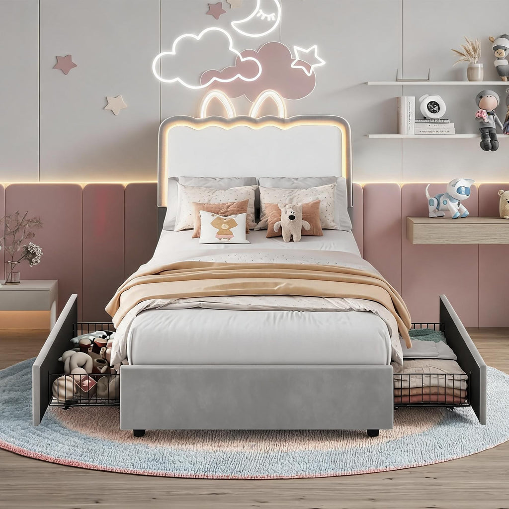 IDEALHOUSE Twin LED Bed, 2 Drawer Trundle, Pink Wave Headboard