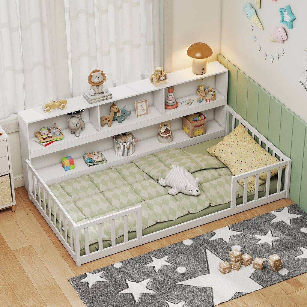 GIANTEX Twin Floor Bed with Fence for Kids, Wooden Montessori Bed Frame with Lockable Door & Guardrails, Low Floor Beds for Kids, Boys, Girls, No Box Spring Needed, Without Wood Slats, White