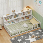 GIANTEX Twin Floor Bed with Fence for Kids, Wooden Montessori Bed Frame with Lockable Door & Guardrails, Low Floor Beds for Kids, Boys, Girls, No Box Spring Needed, Without Wood Slats, White
