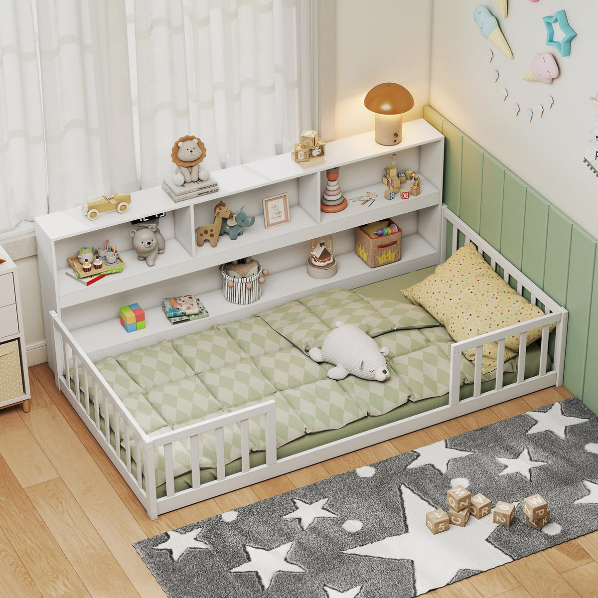 GIANTEX Twin Floor Bed with Fence for Kids, Wooden Montessori Bed Frame with Lockable Door & Guardrails, Low Floor Beds for Kids, Boys, Girls, No Box Spring Needed, Without Wood Slats, White