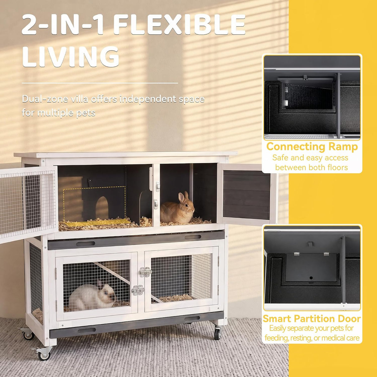 2-Story Indoor Rabbit Hutch with Flat-Top Metal Roof, Wheels & Dual Trays