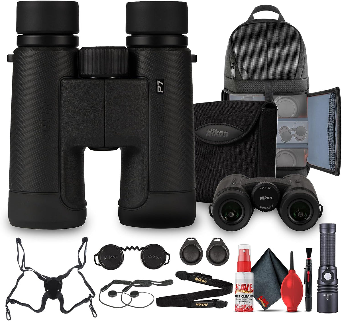 Nikon PROSTAFF P7 10x42 Binoculars | Waterproof Fogproof Design with 10x Magnification, Multilayer Coated Optics (16773) + Backpack + Flashlight + Cleaning Kit + Suspender Harness + 2 x Cap Keeper