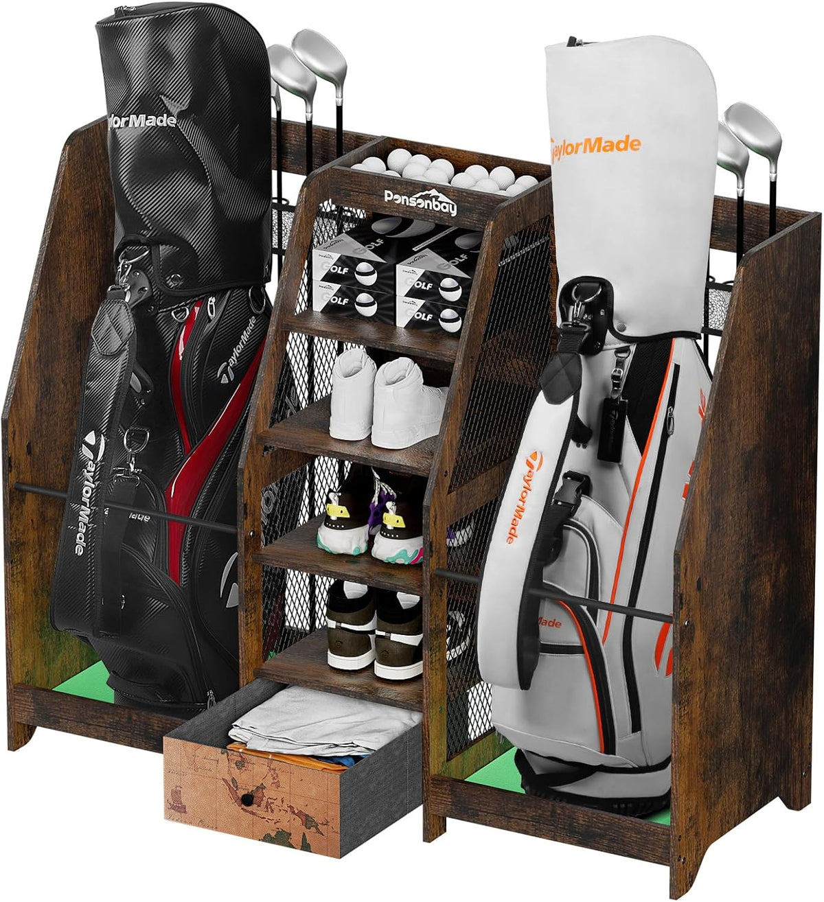 Golf Bag Storage Organizer Holds 2 Golf Bags for Garage - Wooden Rack