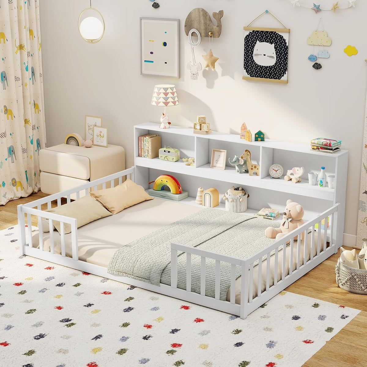 GIANTEX Full Size Floor Bed for Kids, Wooden Montessori Bed Frame with Bookcase, Storage Shelves & Safety Fence Rails, Floor Beds Full for Girls, Boys, No Box Spring Needed, Without Slats, White